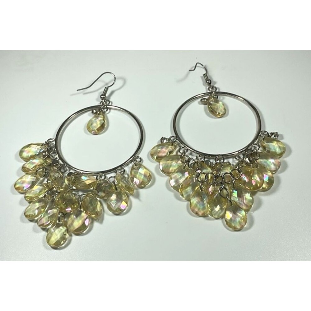 Crystals Hoop Pierced Earrings Silver Tone Dangle Teardrop Beads 3.5" Boho Retro